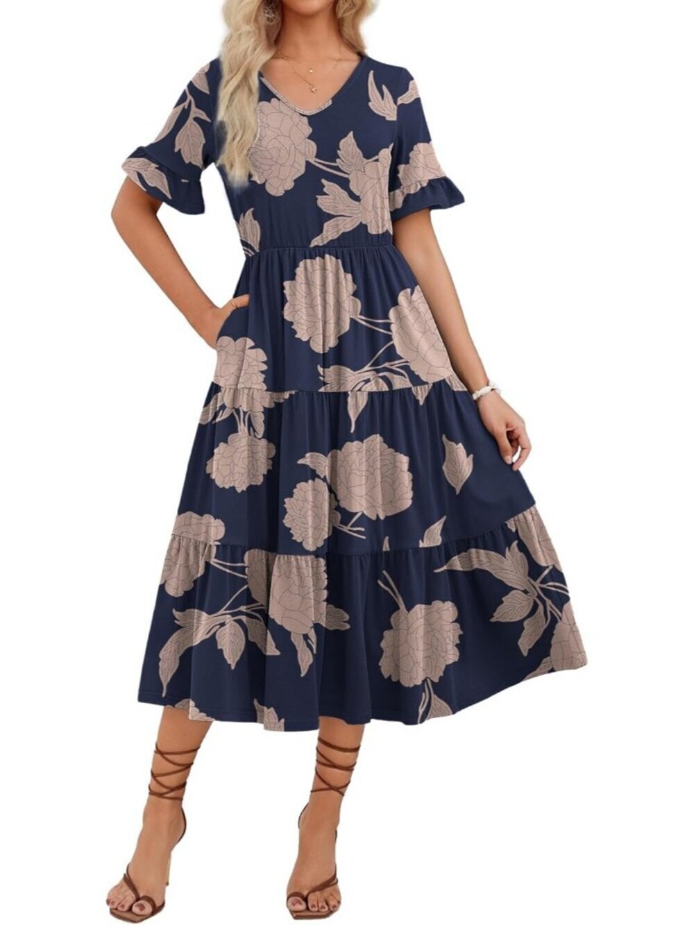 Zeagoo Women's Pink Floral Black Tiered Casual Neck Ruffle Short Midi Maxi Dress